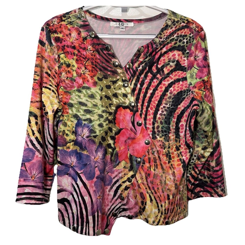 IQ Paris XL Asymmetrical Snap Button Top Abstract Floral Animal Print USA